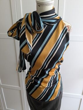 Zara Woman Striped Halter Top in Mustard, Black & Light Blue With Tie Bow